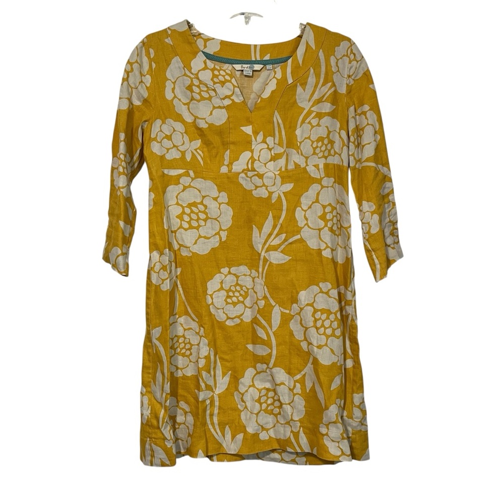 Boden women’s size 6P mustard yellow and off white floral mini linen dress